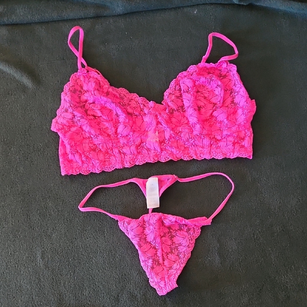 Lace Bralette and Thong Set - Hot Pink